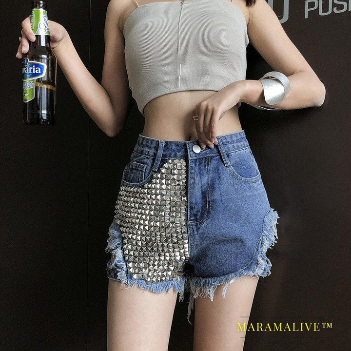 Studded denim shorts with loose high waist