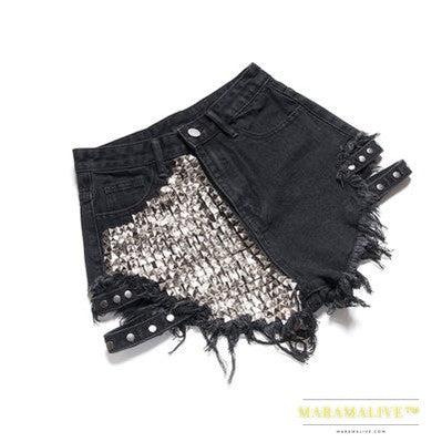 Studded denim shorts with loose high waist