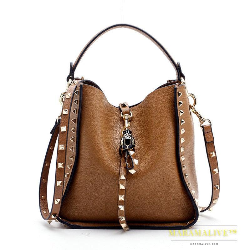 Studded handbag leopard head shoulder soft cowhide mother bag bucket bag