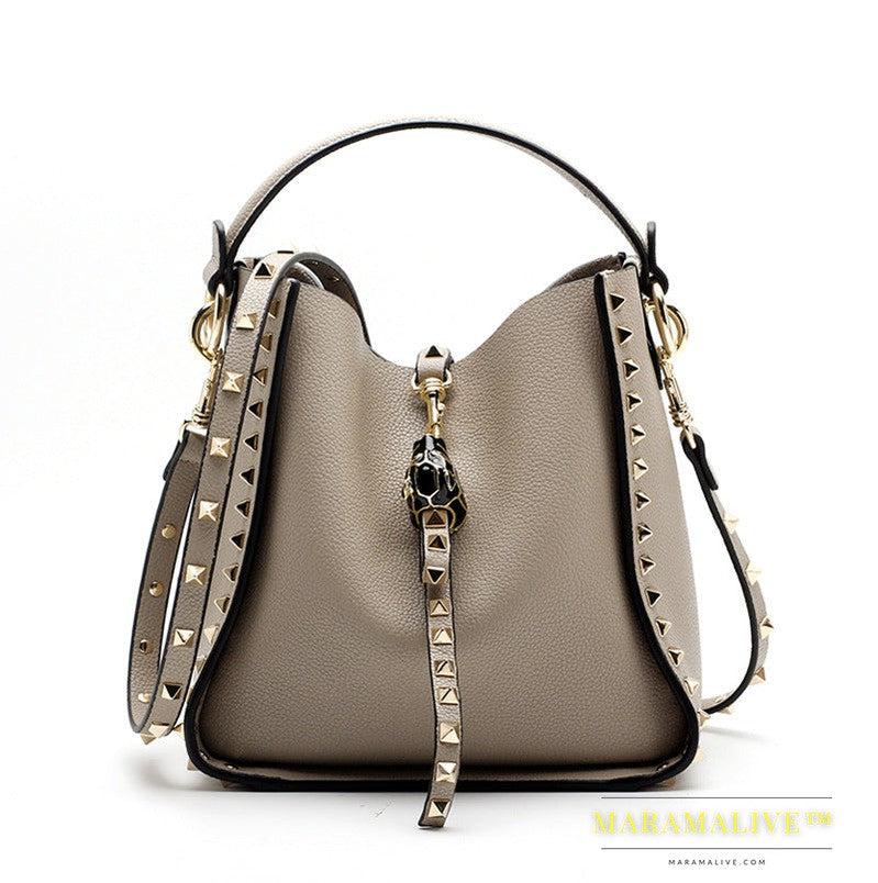 Studded handbag leopard head shoulder soft cowhide mother bag bucket bag