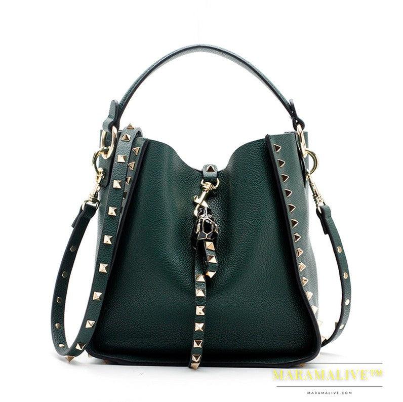 Studded handbag leopard head shoulder soft cowhide mother bag bucket bag