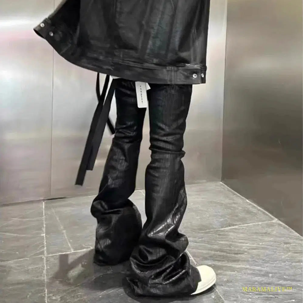 Stunning Black Wax Leather Stretch Streetwear Jeans - Vibrant Y2k Baggy Flares - Luxury Men's Oversized Straight Denim