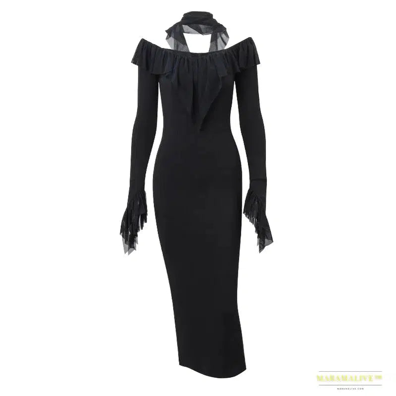 Stunning Gothic Black Mesh Ruffles Evening Dress - Luxury Round Collar, Slim Long Sleeve Maxi Dresses