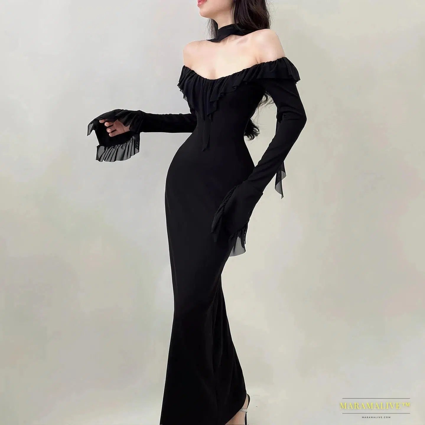 Stunning Gothic Black Mesh Ruffles Evening Dress - Luxury Round Collar, Slim Long Sleeve Maxi Dresses