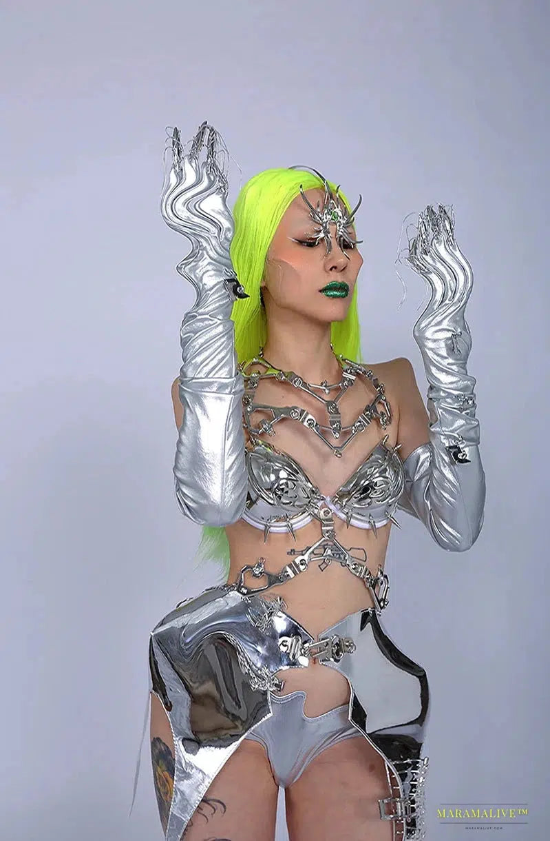 Stunning Gothic Futuristic Rave Outfit: Reflective Bra with Vibrant Pole Dance Costume