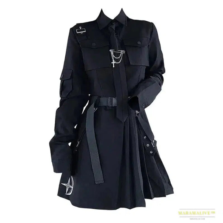 Stunning Gothic Inspired Streetwear Two-Piece Skirt Spring Suit with Oversize Punk Chain Ribbon Skirts