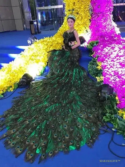 Stunning Luxury Vibrant Peacock Feather Costume - Chinese Folk & Gothic Fashion Inspired Model Show Catwalk Dress