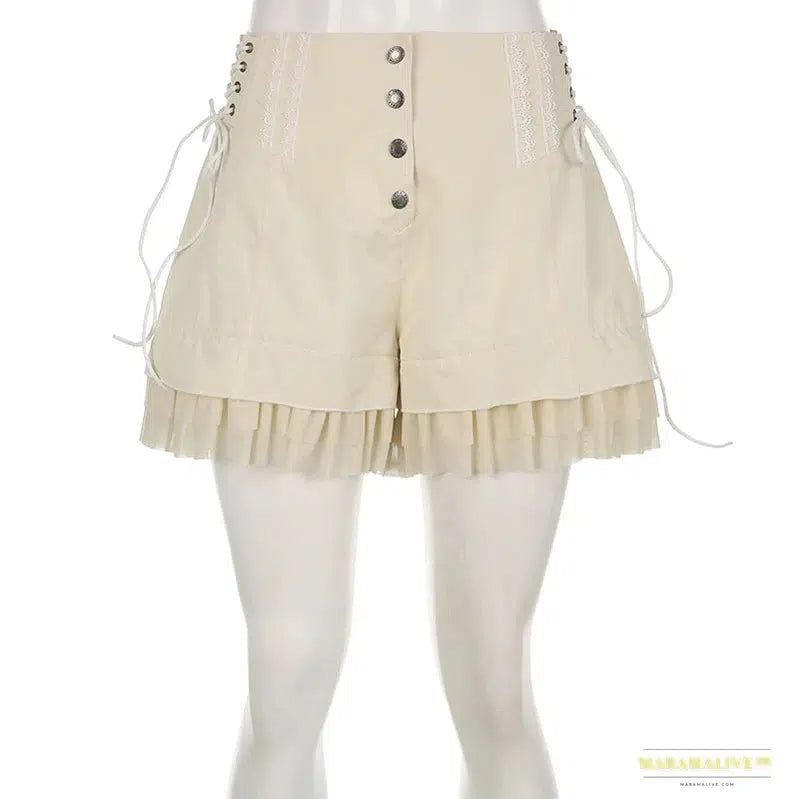 Stunning Maramalive™ Sweet Mesh Tiered Ruffle Shorts Skirts - Luxury Khaki Y2K Wide Bandage Hot Pants in Vibrant Lolita Style