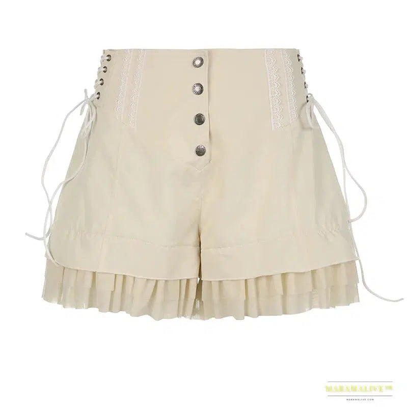 Stunning Maramalive™ Sweet Mesh Tiered Ruffle Shorts Skirts - Luxury Khaki Y2K Wide Bandage Hot Pants in Vibrant Lolita Style