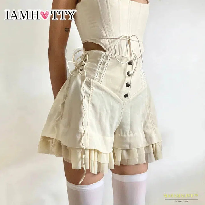 Stunning Maramalive™ Sweet Mesh Tiered Ruffle Shorts Skirts - Luxury Khaki Y2K Wide Bandage Hot Pants in Vibrant Lolita Style