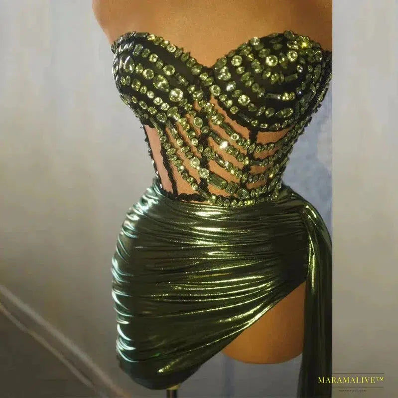 Stunning Vibrant Green Rhinestone Studded Dress - Luxury Gothic Fashion