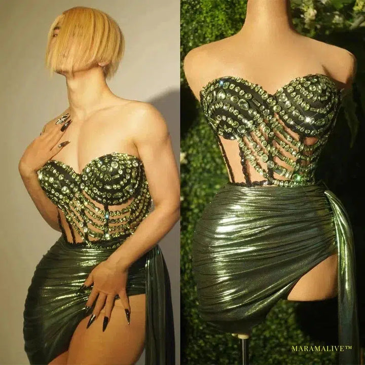 Stunning Vibrant Green Rhinestone Studded Dress - Luxury Gothic Fashion