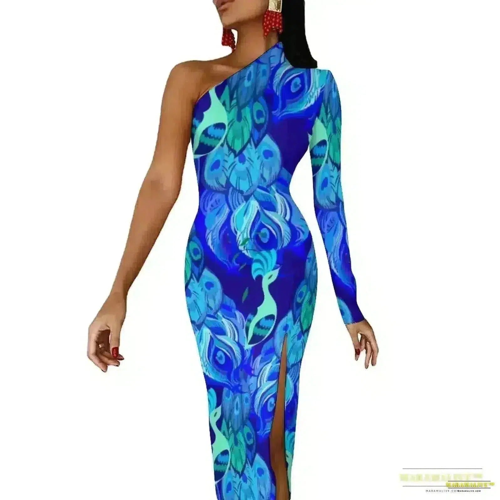 Stunning Vibrant Peacock Feather Dress with High Slit - Luxury Spring Print Long Dresses