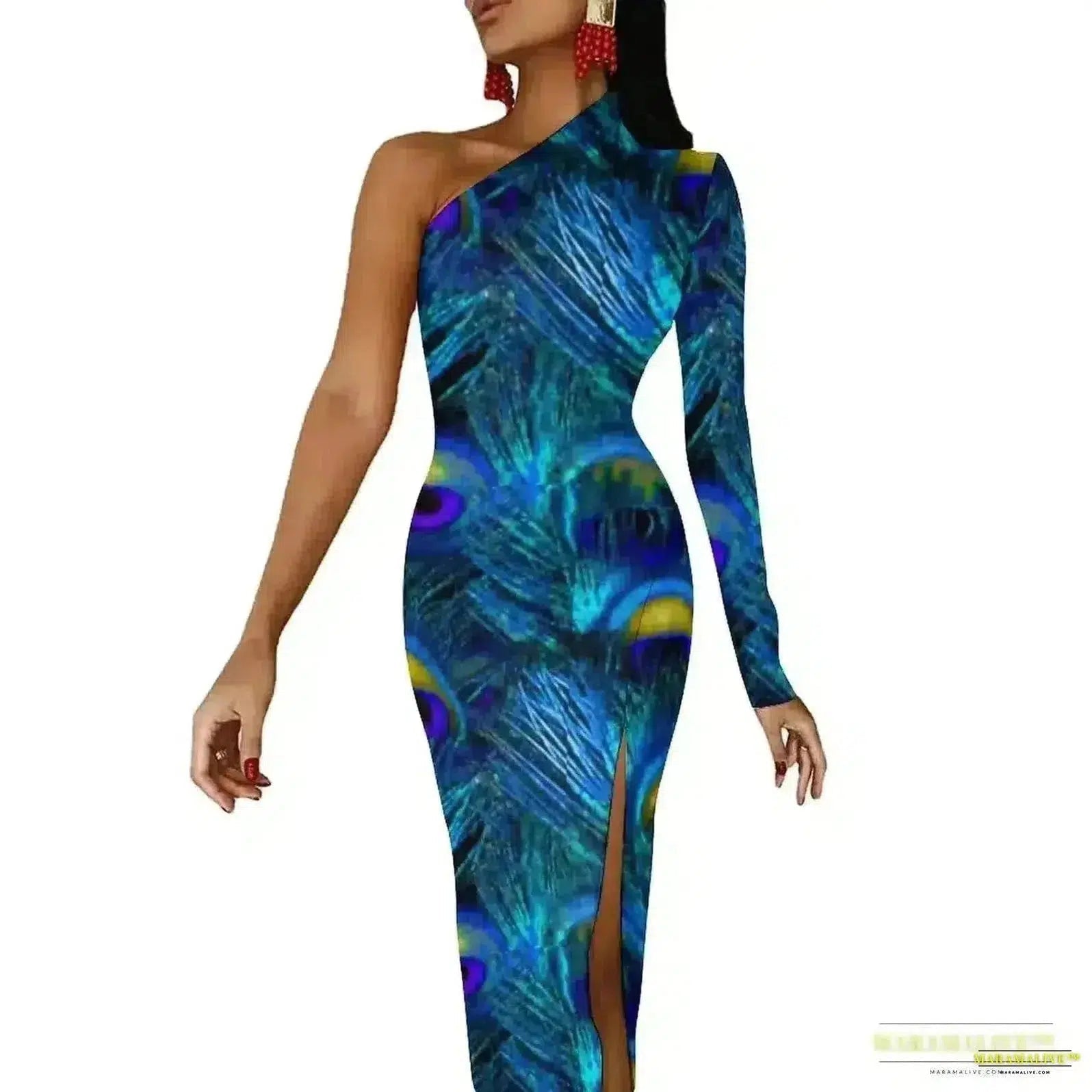 Stunning Vibrant Peacock Feather Dress with High Slit - Luxury Spring Print Long Dresses