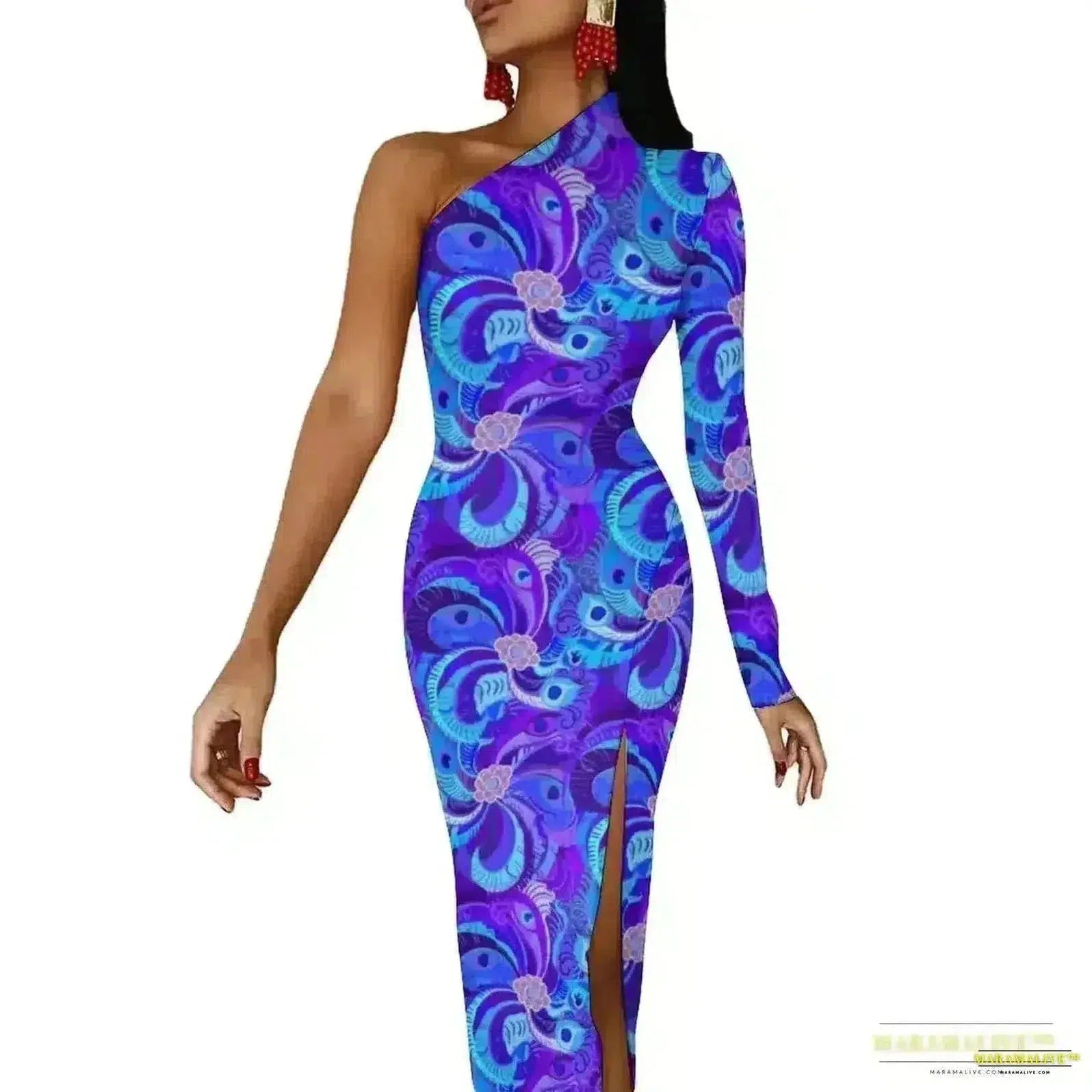 Stunning Vibrant Peacock Feather Dress with High Slit - Luxury Spring Print Long Dresses