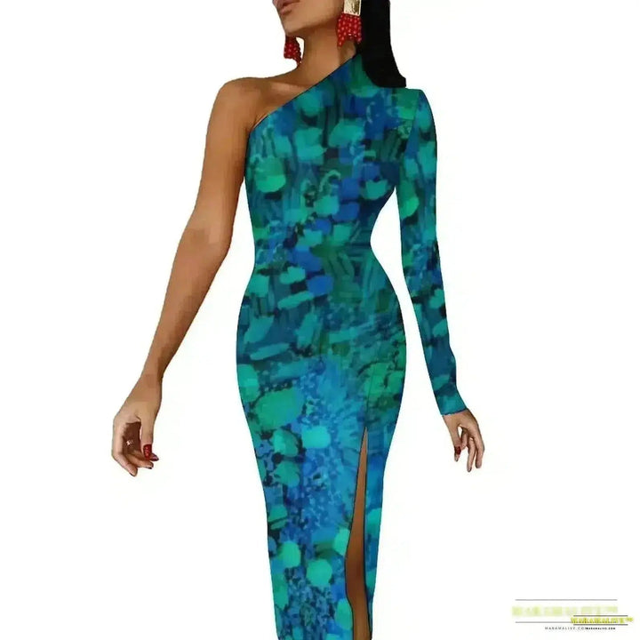 Stunning Vibrant Peacock Feather Dress with High Slit - Luxury Spring Print Long Dresses