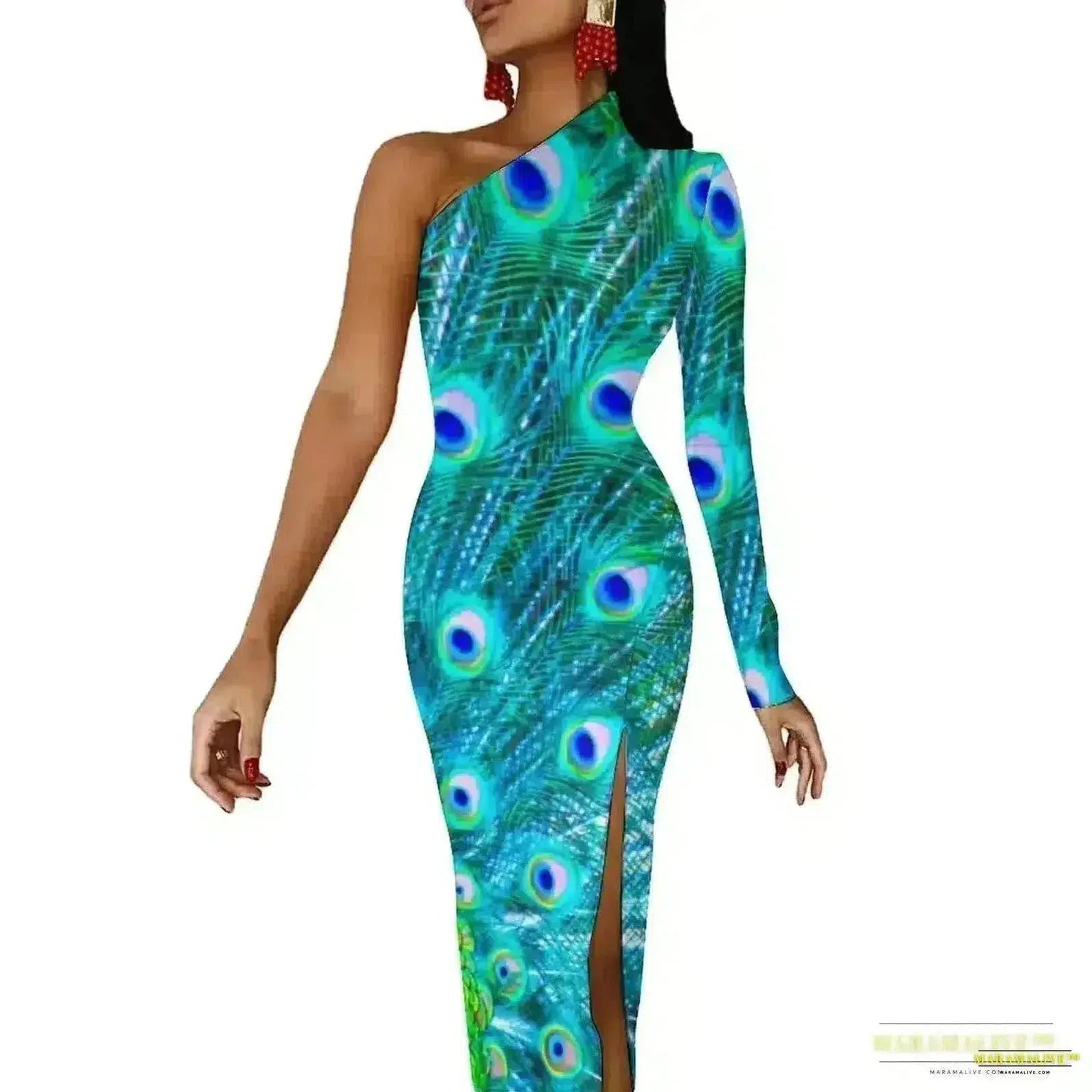 Stunning Vibrant Peacock Feather Dress with High Slit - Luxury Spring Print Long Dresses