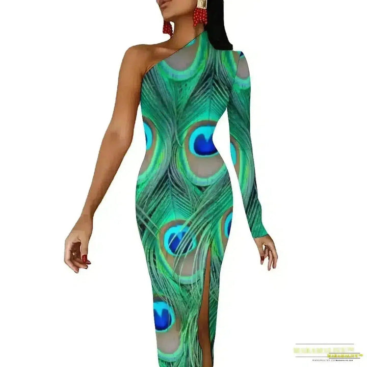 Stunning Vibrant Peacock Feather Dress with High Slit - Luxury Spring Print Long Dresses