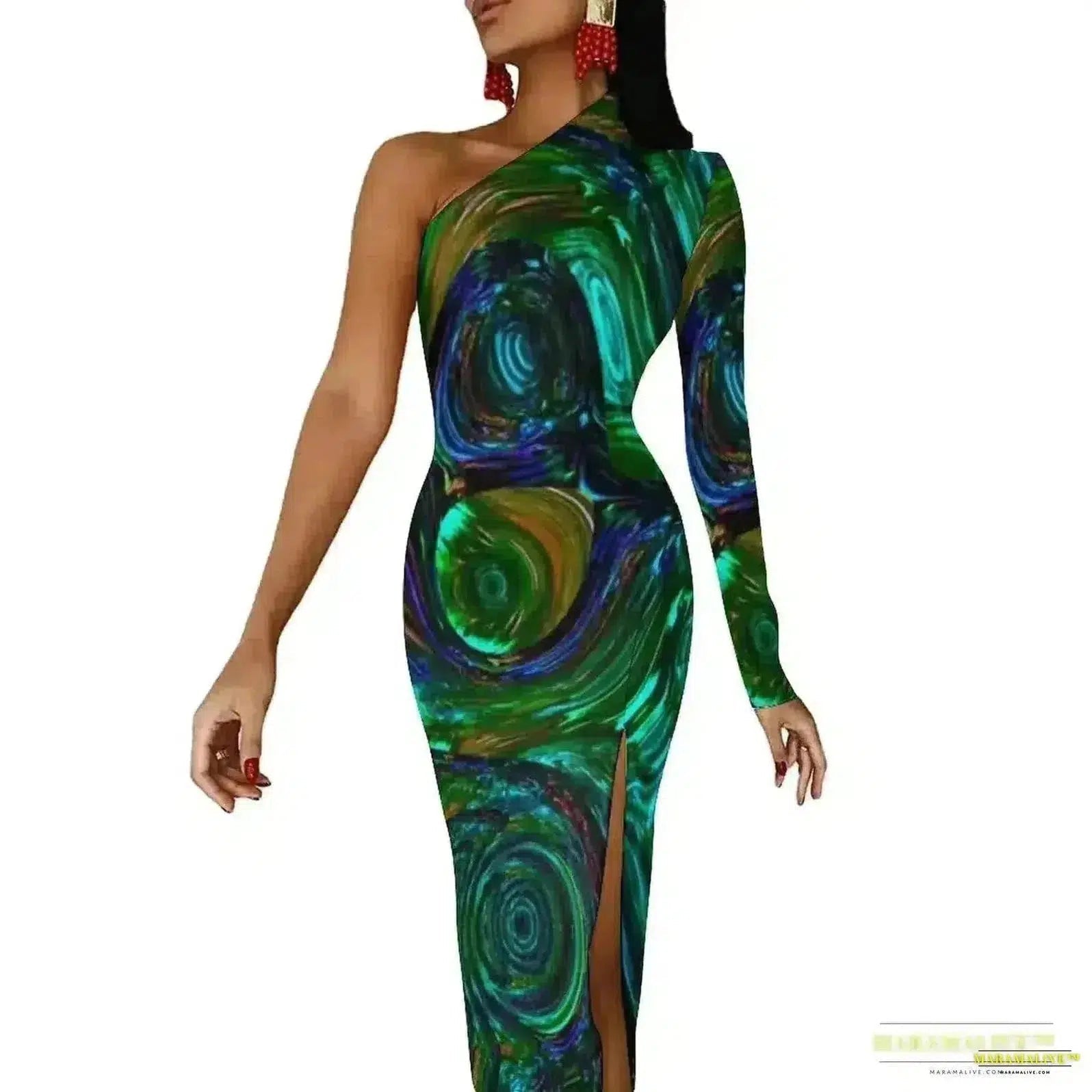 Stunning Vibrant Peacock Feather Dress with High Slit - Luxury Spring Print Long Dresses