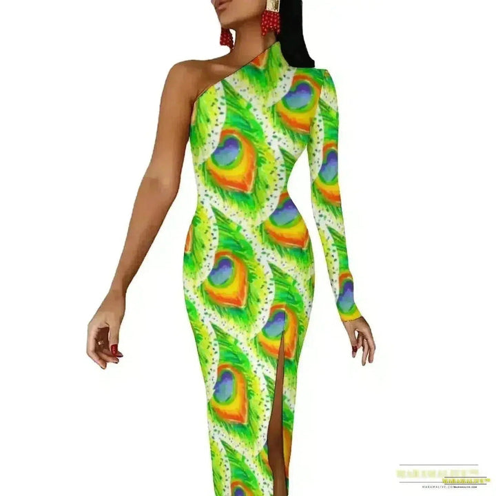 Stunning Vibrant Peacock Feather Dress with High Slit - Luxury Spring Print Long Dresses