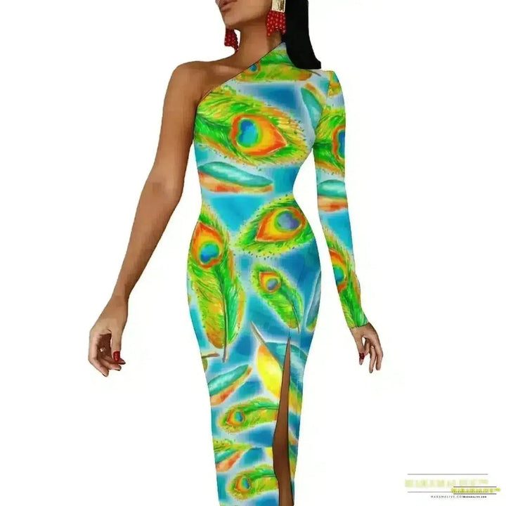 Stunning Vibrant Peacock Feather Dress with High Slit - Luxury Spring Print Long Dresses