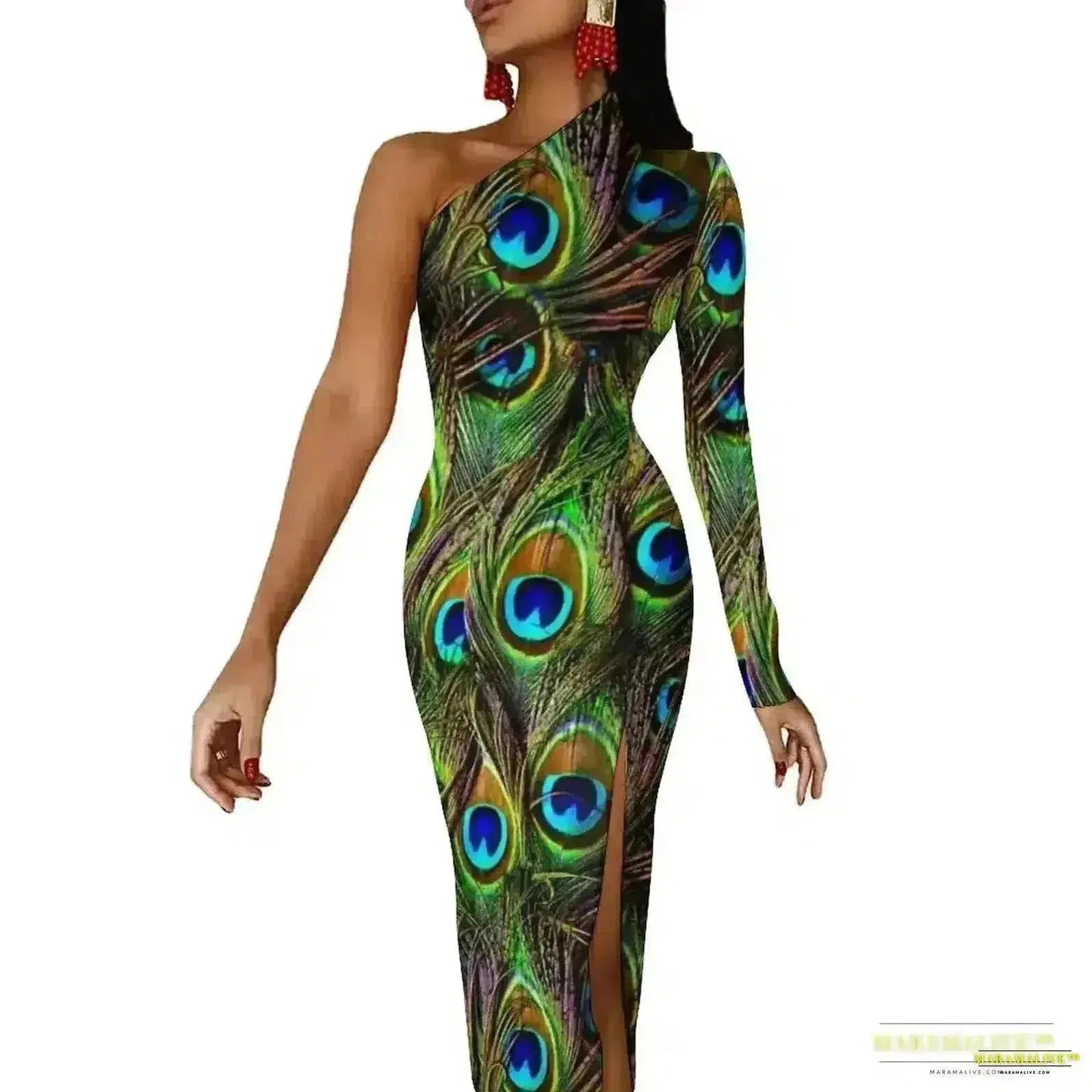 Stunning Vibrant Peacock Feather Dress with High Slit - Luxury Spring Print Long Dresses