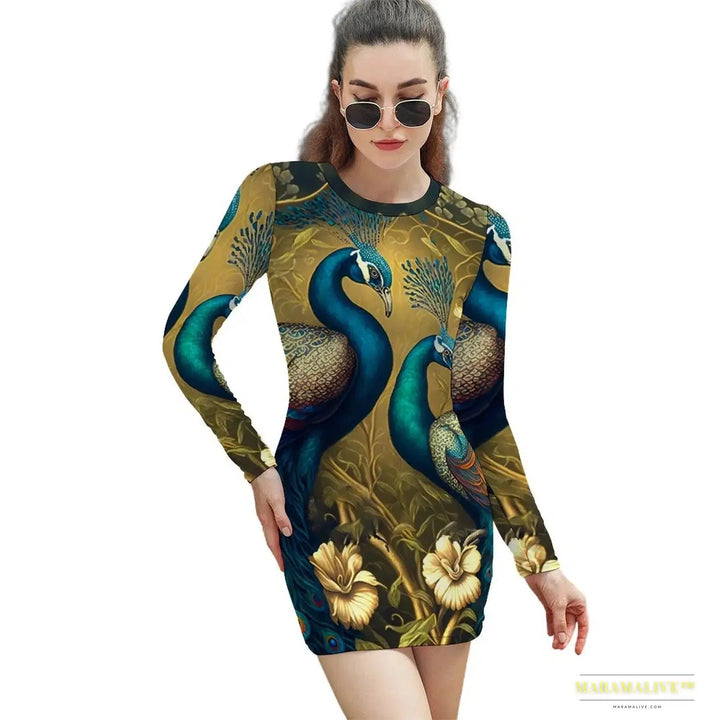 Stunning Vibrant Peacock Feather Pattern Bodycon Dress - Gothic Street Fashion Luxury Oversized Long Sleeve Spring Dress