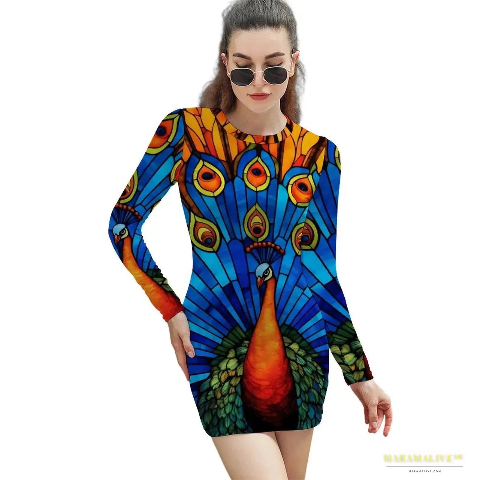 Stunning Vibrant Peacock Feather Pattern Bodycon Dress - Gothic Street Fashion Luxury Oversized Long Sleeve Spring Dress