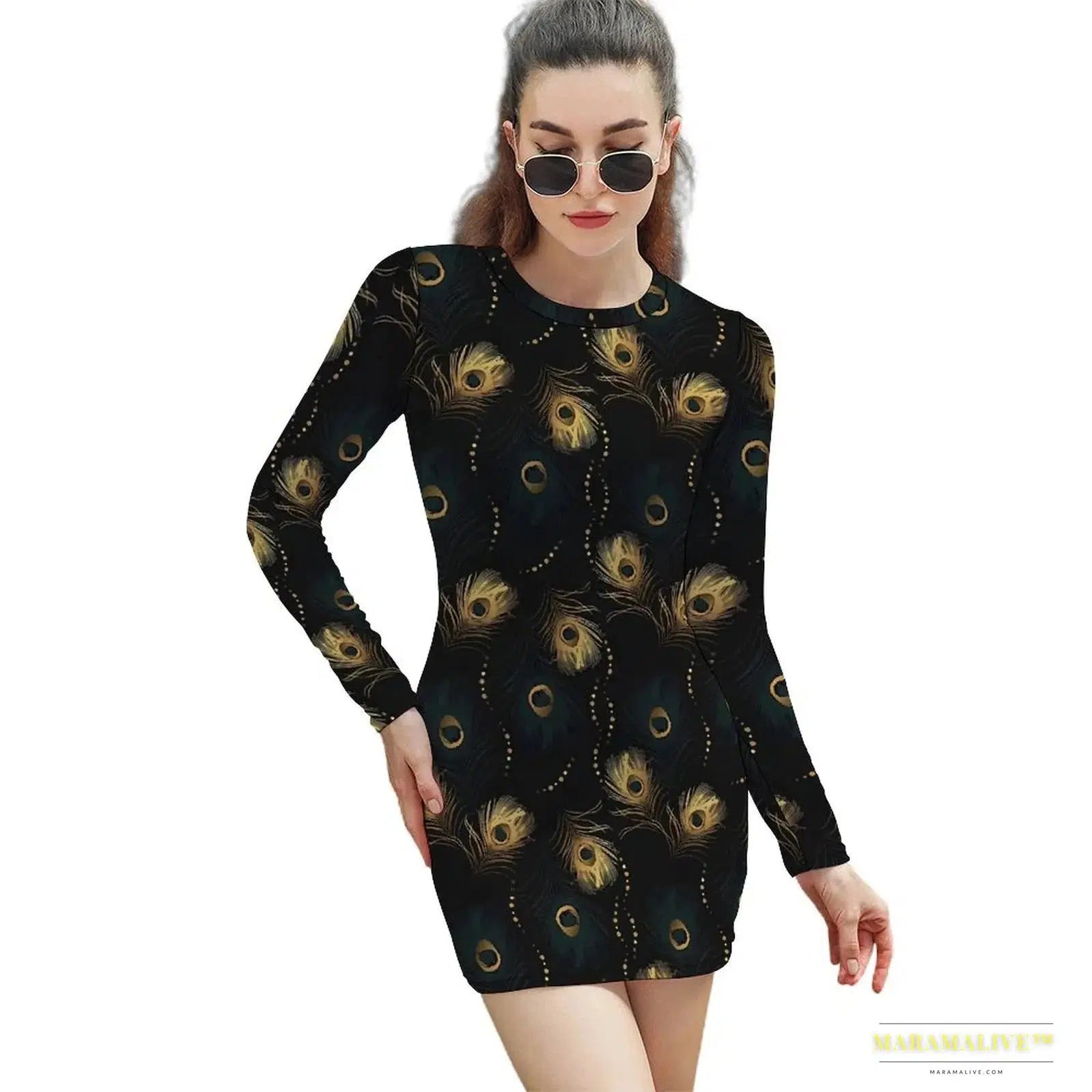 Stunning Vibrant Peacock Feather Pattern Bodycon Dress - Gothic Street Fashion Luxury Oversized Long Sleeve Spring Dress