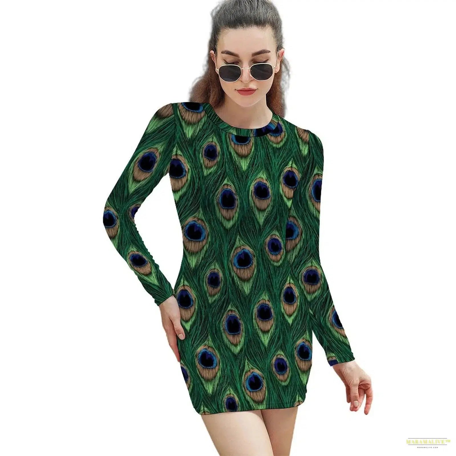 Stunning Vibrant Peacock Feather Pattern Bodycon Dress - Gothic Street Fashion Luxury Oversized Long Sleeve Spring Dress