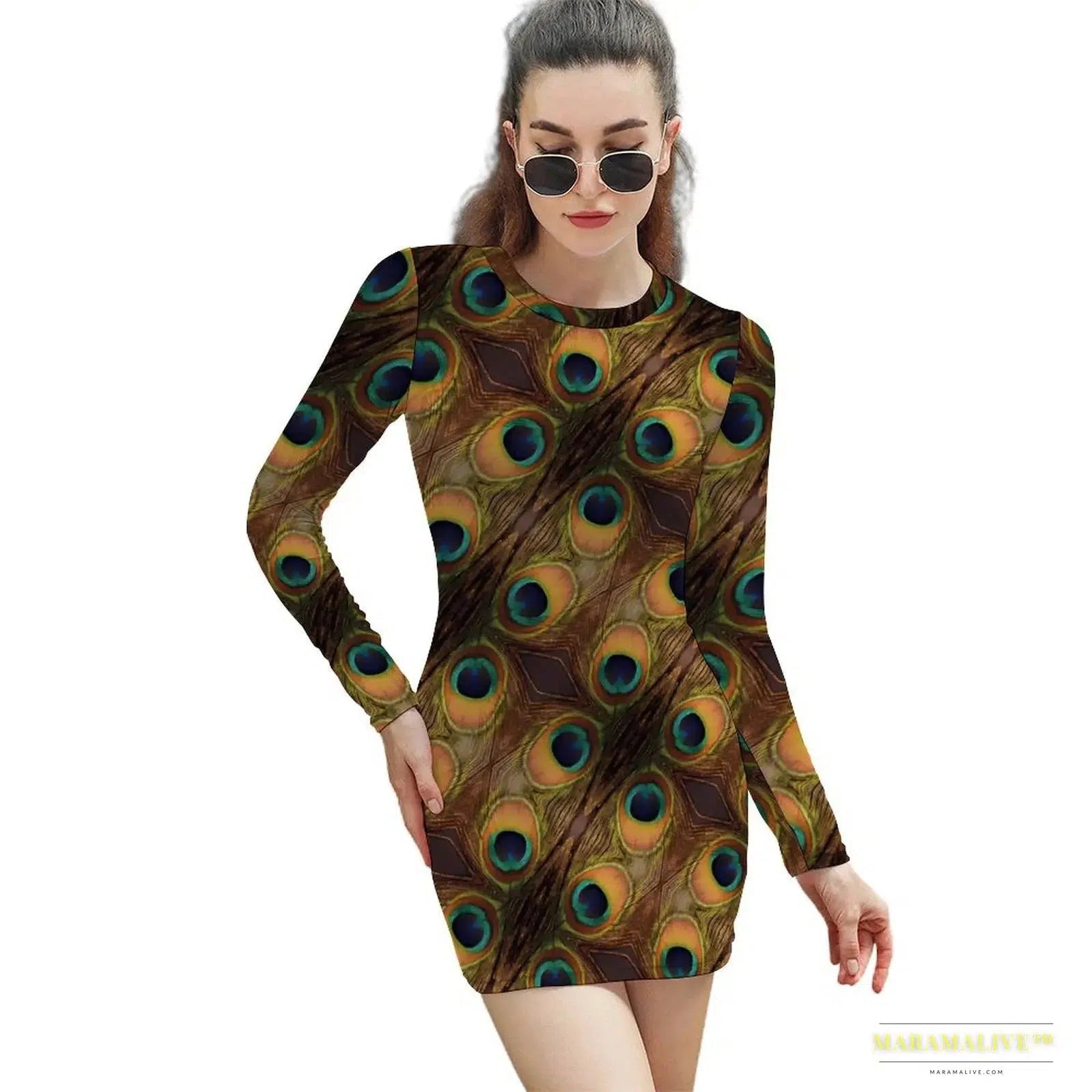 Stunning Vibrant Peacock Feather Pattern Bodycon Dress - Gothic Street Fashion Luxury Oversized Long Sleeve Spring Dress