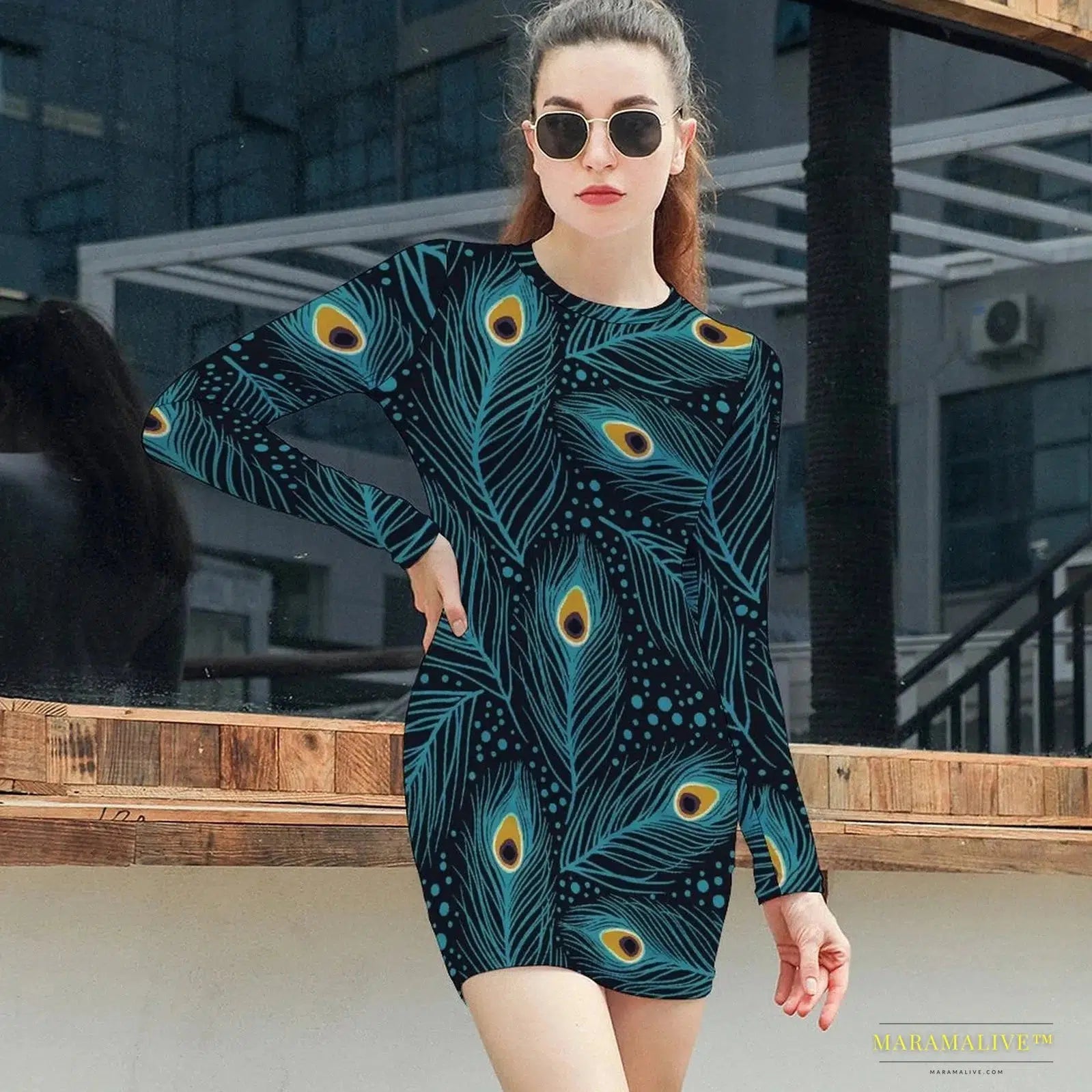 Stunning Vibrant Peacock Feather Pattern Bodycon Dress - Gothic Street Fashion Luxury Oversized Long Sleeve Spring Dress