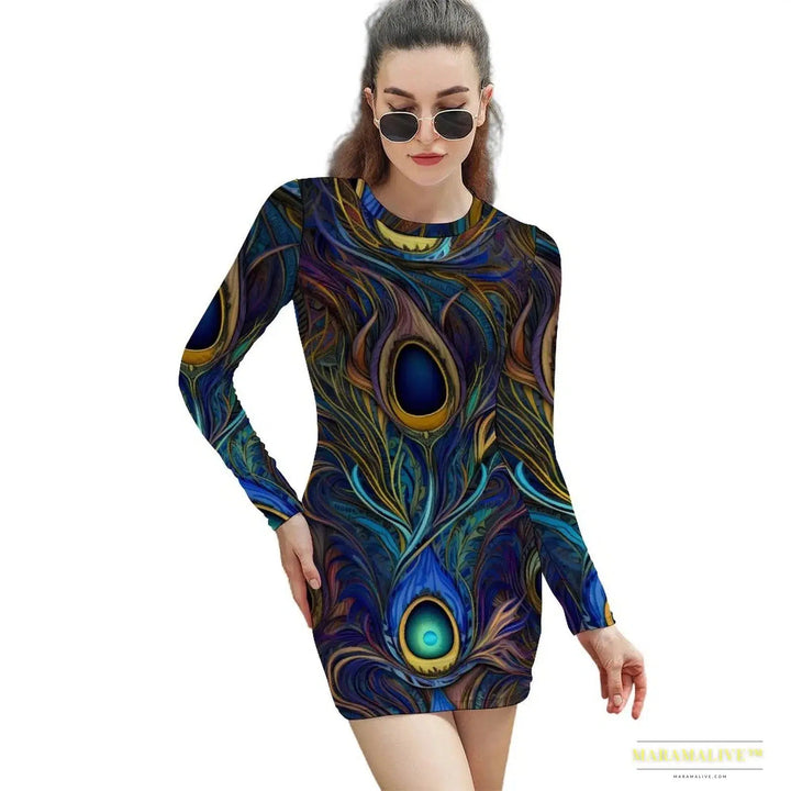 Stunning Vibrant Peacock Feather Pattern Bodycon Dress - Gothic Street Fashion Luxury Oversized Long Sleeve Spring Dress