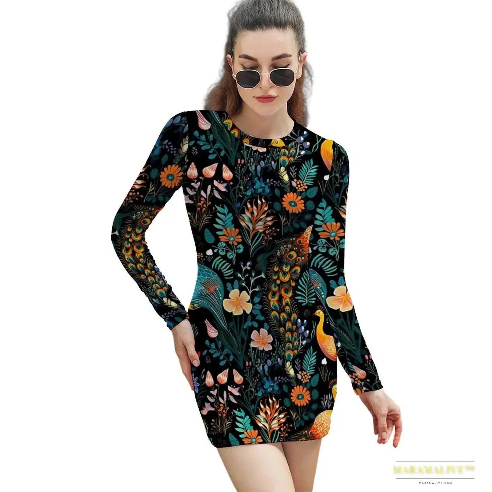 Stunning Vibrant Peacock Feather Pattern Bodycon Dress - Gothic Street Fashion Luxury Oversized Long Sleeve Spring Dress