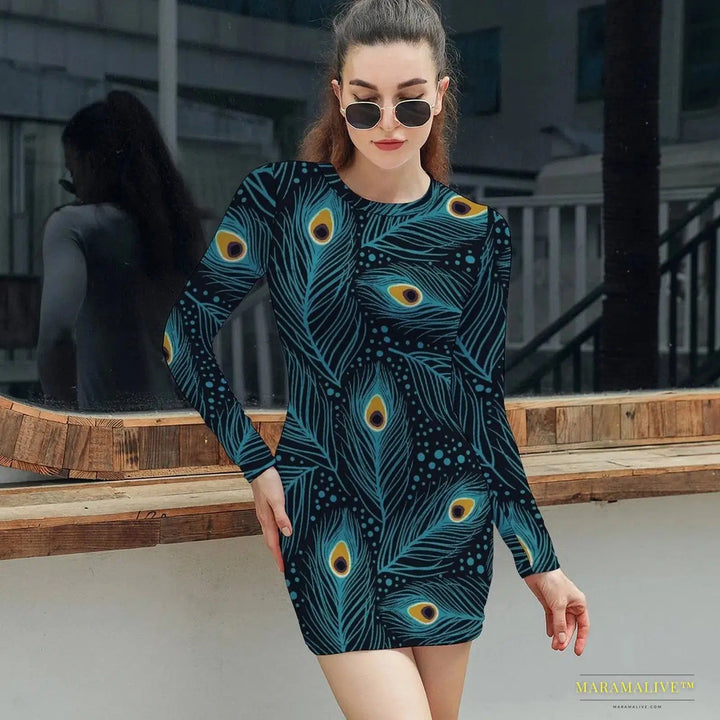 Stunning Vibrant Peacock Feather Pattern Bodycon Dress - Gothic Street Fashion Luxury Oversized Long Sleeve Spring Dress