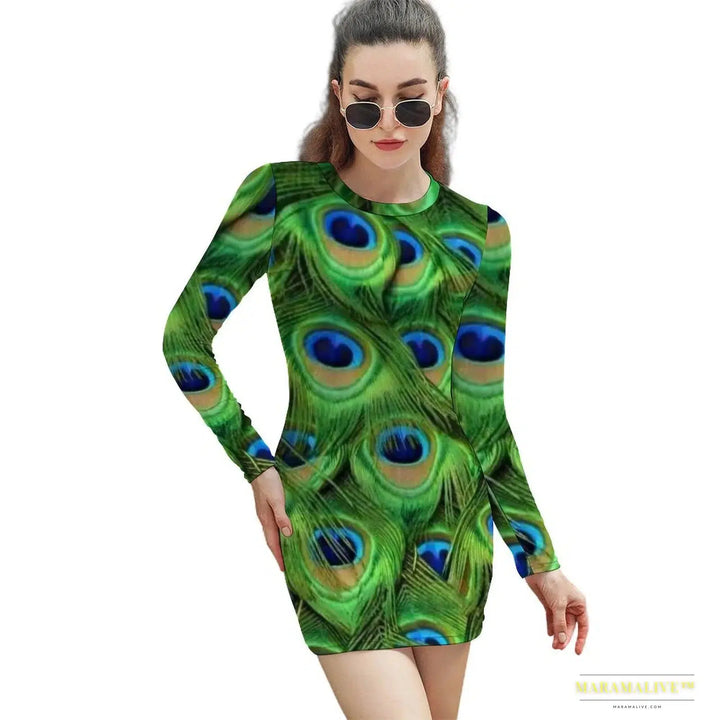 Stunning Vibrant Peacock Feather Pattern Bodycon Dress - Gothic Street Fashion Luxury Oversized Long Sleeve Spring Dress