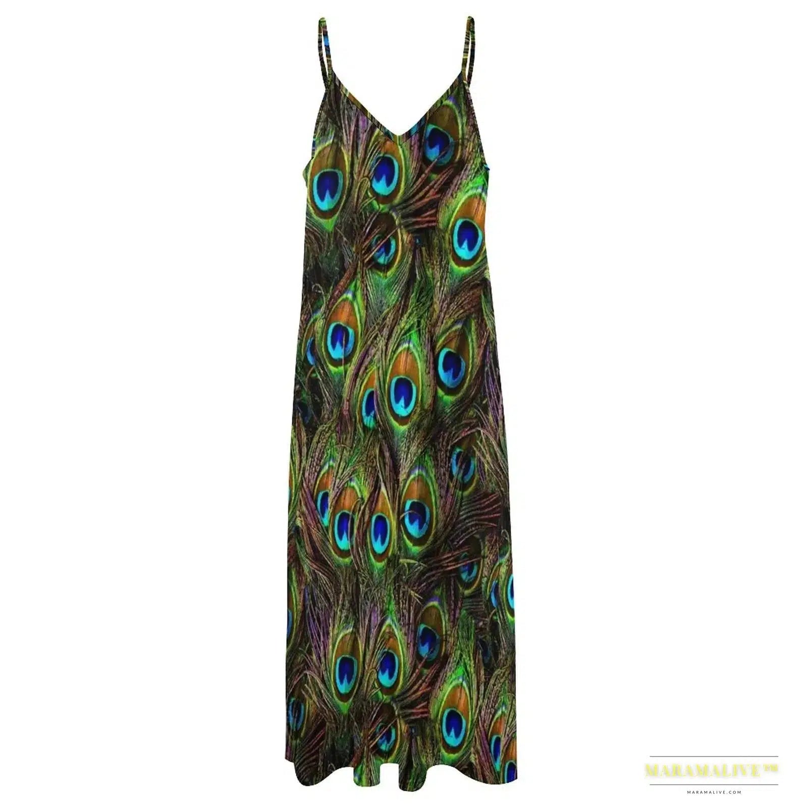 Stunning Vibrant Peacock Feathers Invasion Sleeveless Dress - Gothic Fashion Luxury