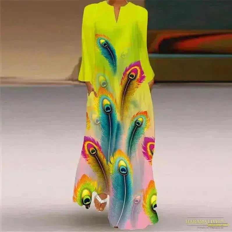 Stunning Vibrant Peacock Feathers Print Dress - vibrant print dress