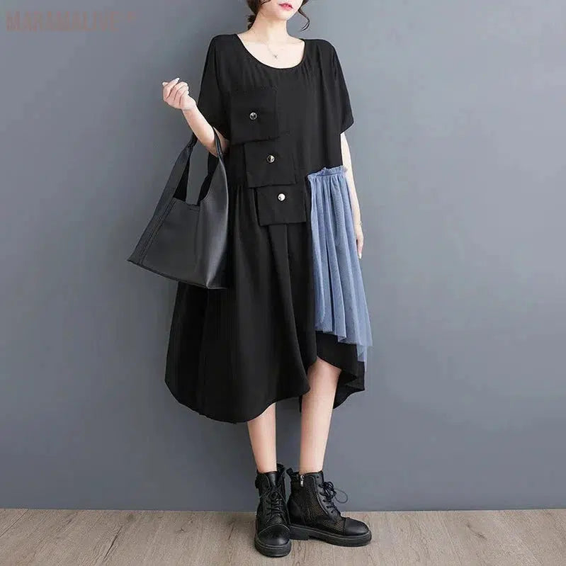 Styling Gauze Skirt Patchwork Dress Unique Style Casual Black Dress With Mesh Fabric Accents Asymmetrical Summer Midi Dress