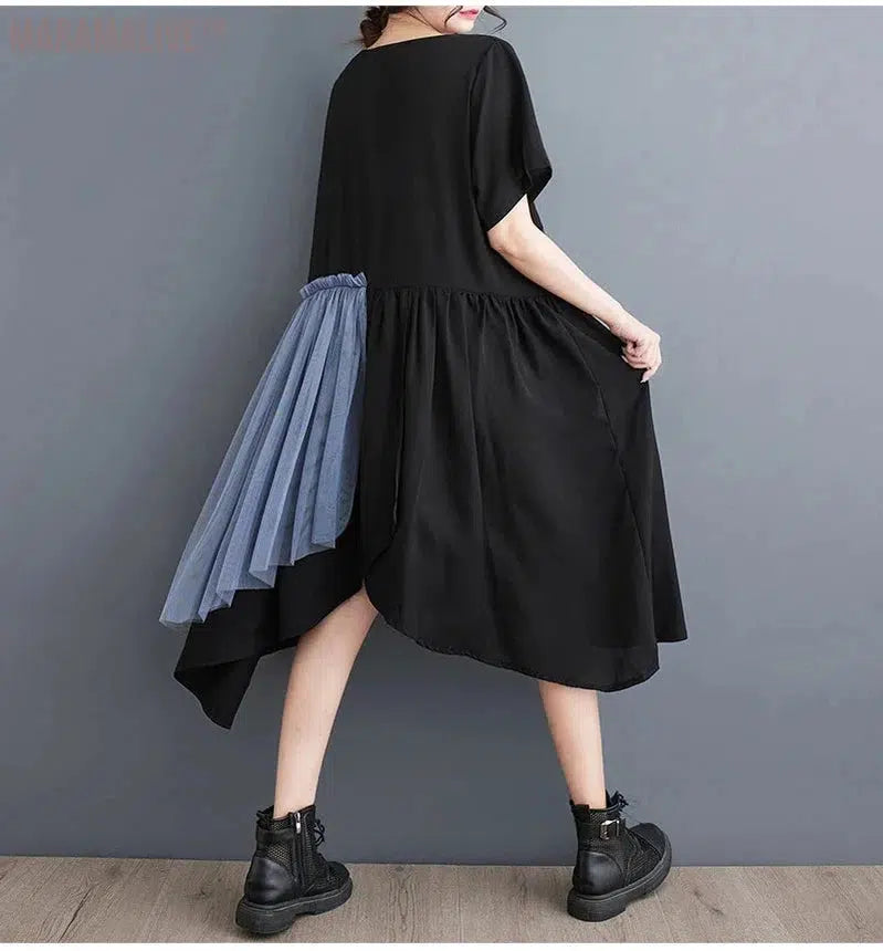 Styling Gauze Skirt Patchwork Dress Unique Style Casual Black Dress With Mesh Fabric Accents Asymmetrical Summer Midi Dress