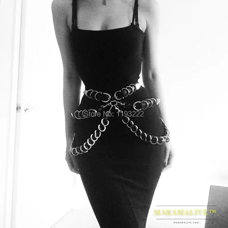 Stylish Handcrafted Punk Hardcore Gothic D Metal Body Belt PU Leather Waist Cincher Dancing Belt Suspender Straps