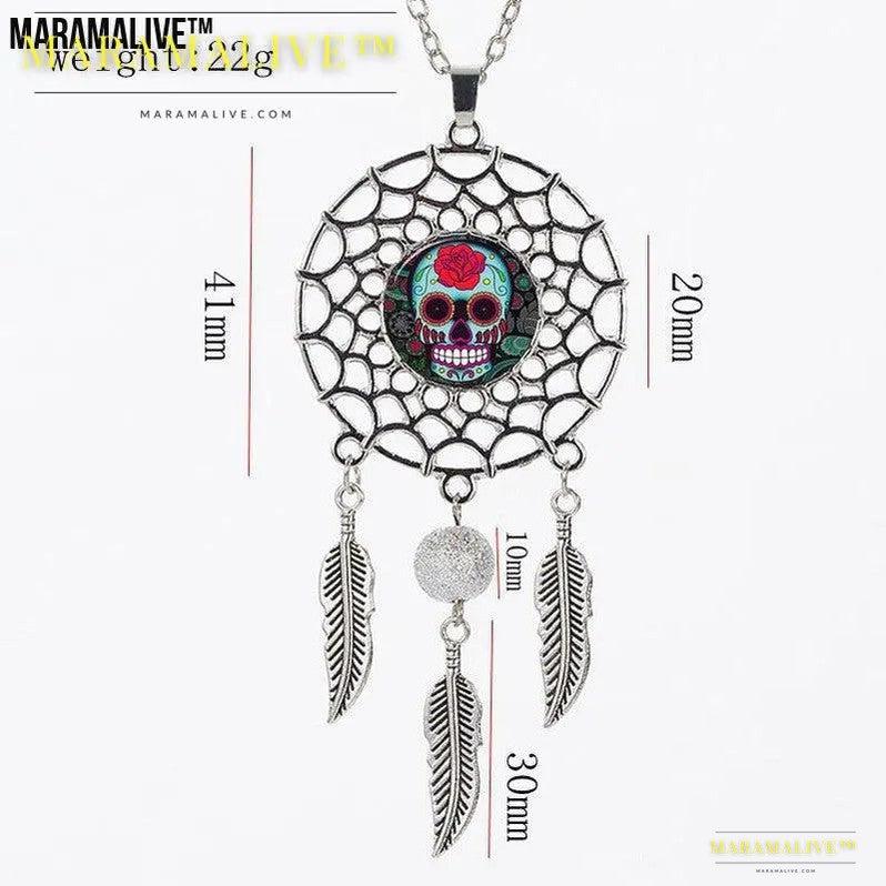 Sugar High Dreamcatcher: Trip the Light Fantastic While You Sleep - Sugar Skull Dreamcatcher Necklace Halloween Jewelry Gift