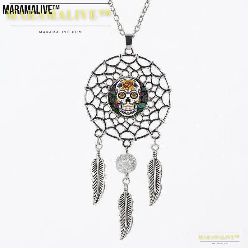 Sugar High Dreamcatcher: Trip the Light Fantastic While You Sleep - Sugar Skull Dreamcatcher Necklace Halloween Jewelry Gift