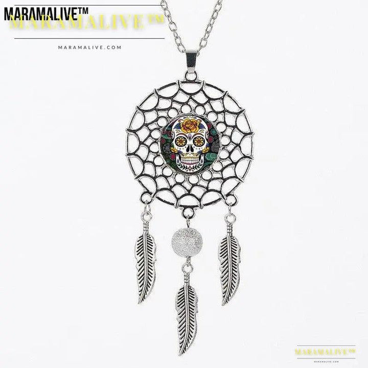 Sugar High Dreamcatcher: Trip the Light Fantastic While You Sleep - Sugar Skull Dreamcatcher Necklace Halloween Jewelry Gift