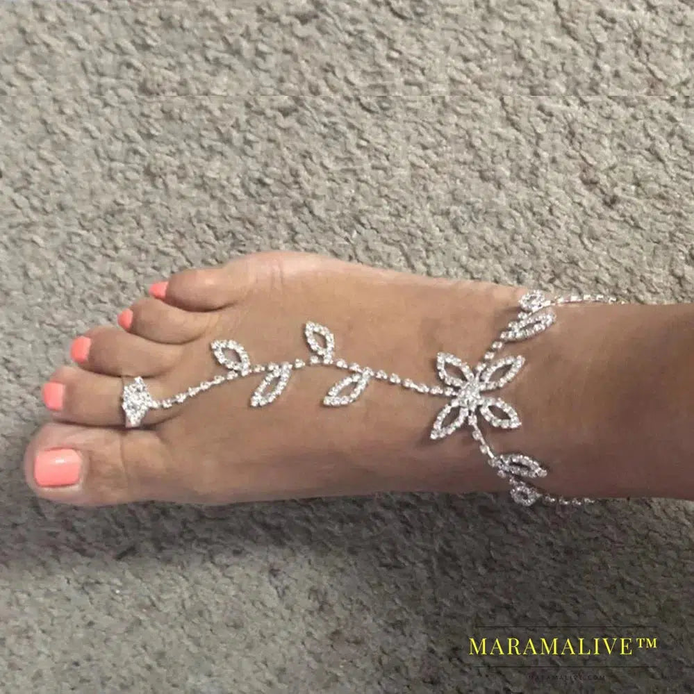 Summer 2Pcs Set Rhinestone Leaf Finger Anklet for Women Luxury Silver Color Leaf Hand Harness Bracelet Jewelry Gift