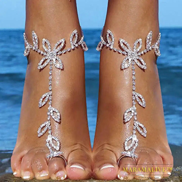 Summer 2Pcs Set Rhinestone Leaf Finger Anklet for Women Luxury Silver Color Leaf Hand Harness Bracelet Jewelry Gift