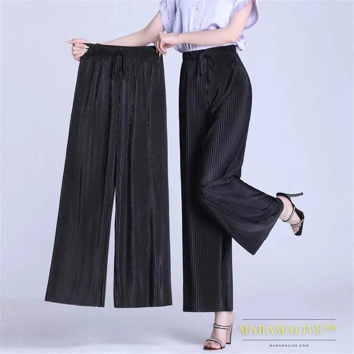 Summer Ankle-length 95cm Wide Leg Pants Oversized 4xl Women Baggy Pantalones Thin Ice Silk Spodnie High Waist Straight Trousers