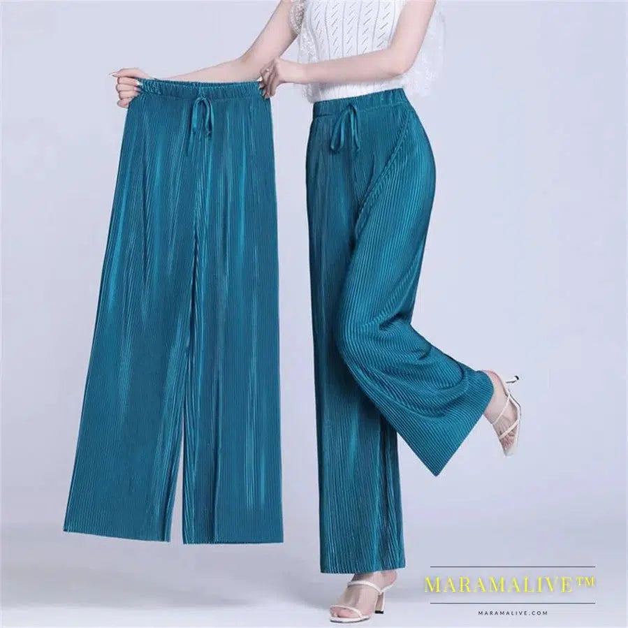 Summer Ankle-length 95cm Wide Leg Pants Oversized 4xl Women Baggy Pantalones Thin Ice Silk Spodnie High Waist Straight Trousers