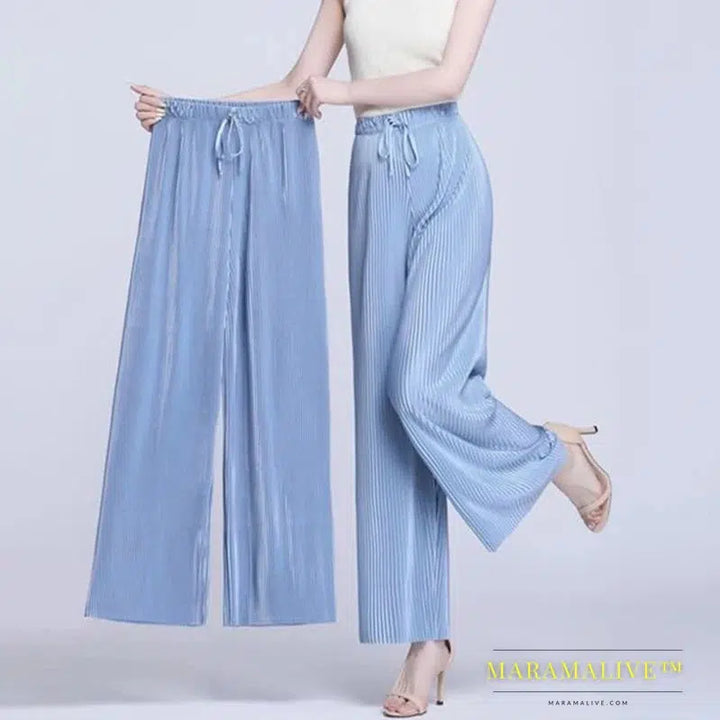 Summer Ankle-length 95cm Wide Leg Pants Oversized 4xl Women Baggy Pantalones Thin Ice Silk Spodnie High Waist Straight Trousers