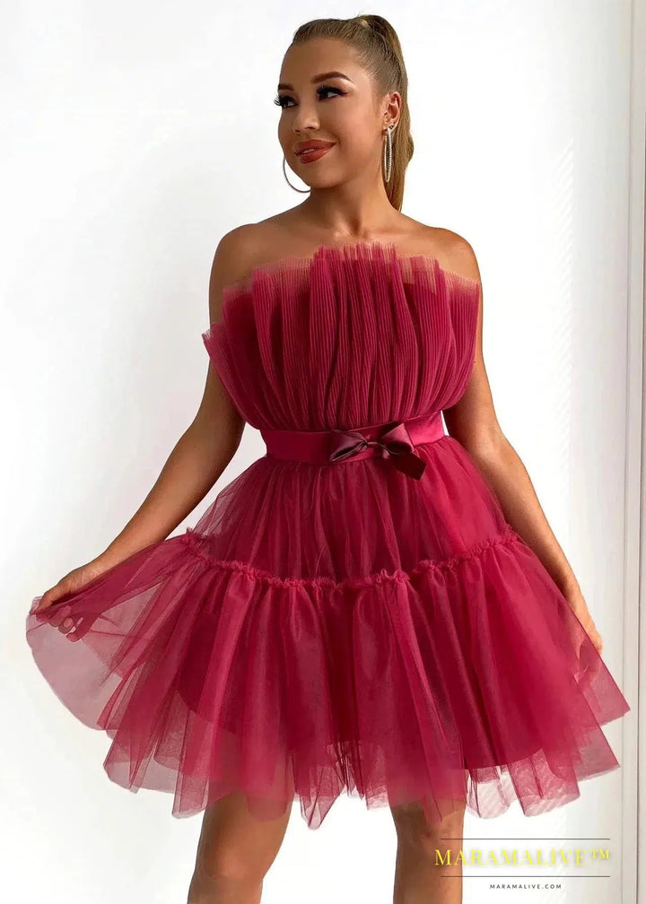 Summer Dress Women Off Shoulder Mesh Backless Tutu Tulle Lolita Pleated Dresses Women Strapless Date Ball Gown Dress Vestidos